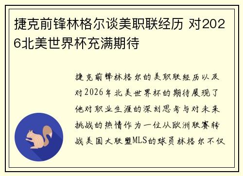 捷克前锋林格尔谈美职联经历 对2026北美世界杯充满期待 捷克前锋林格尔谈美职联经历 对2026北美世界杯充满期待