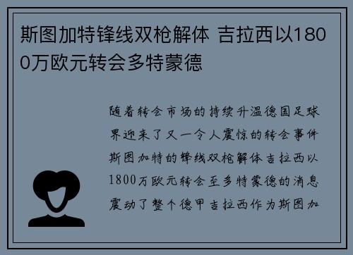 斯图加特锋线双枪解体 吉拉西以1800万欧元转会多特蒙德 斯图加特锋线双枪解体 吉拉西以1800万欧元转会多特蒙德